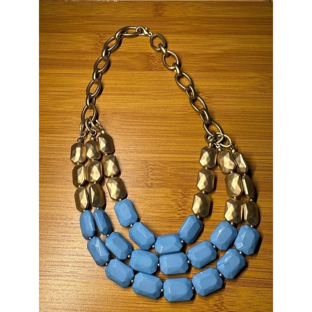 blue and gold chunky bead multi strand statement necklace boho chic nwt new